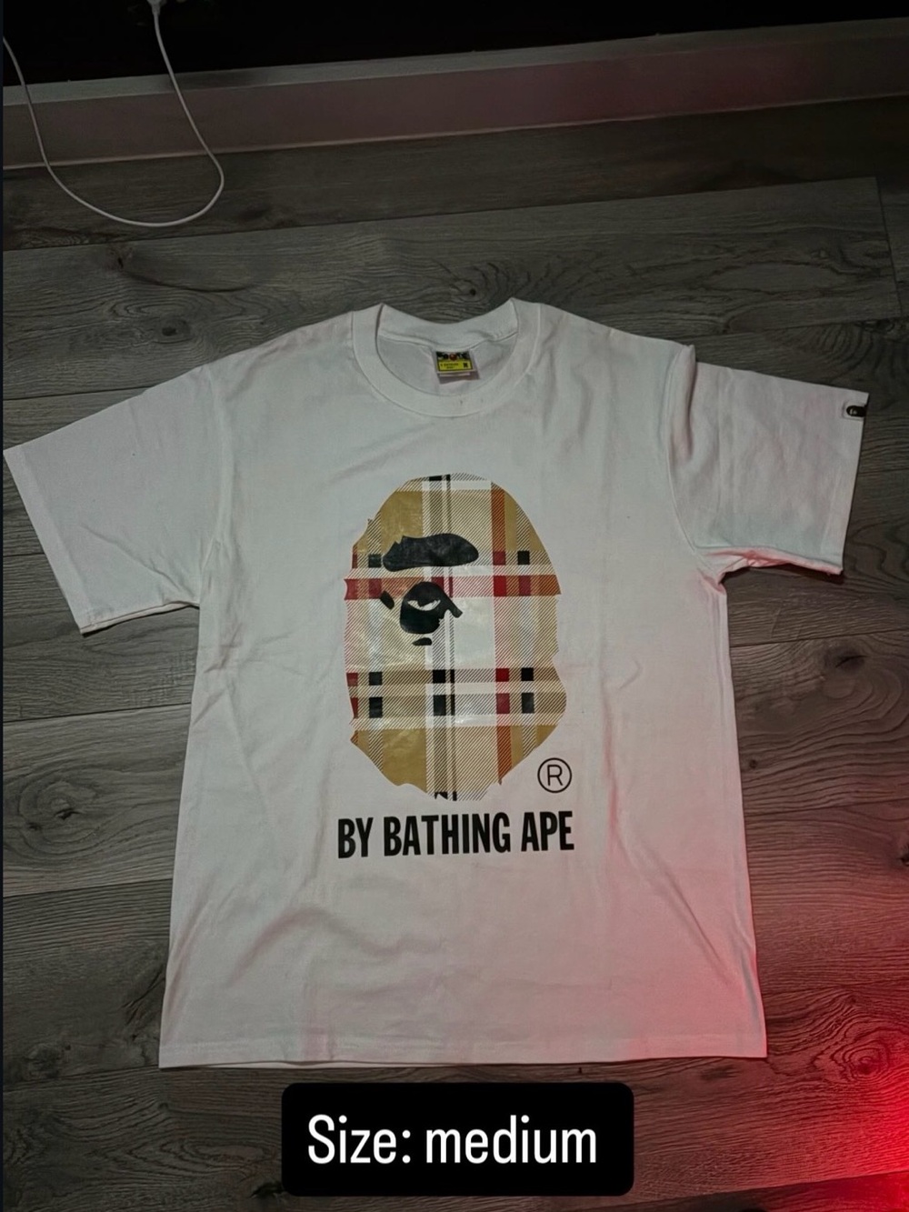 Bape White Tee with Beige Plaid Ape Head Graphic